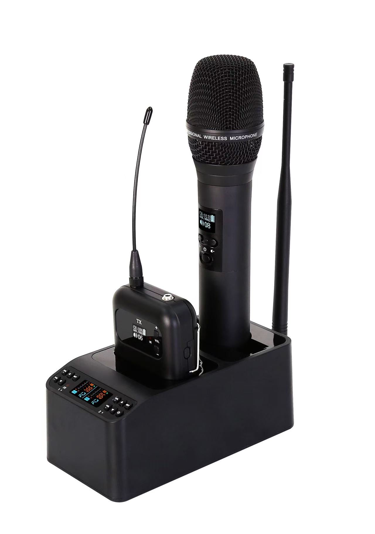 Professional rechargable digital UHF wireless microphone system with smart docking station.