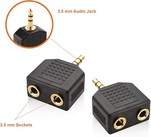 Headphone Splitter 3.5mm Jack 2x Stereo socket Plug Audio AUX Cable Adapter Gold