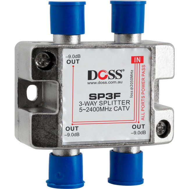 SP3F - 3 WAY 'F' SPLITTER OR COMBINER - DC PASS THROUGH 2.4GHZ DOSS - DOSS