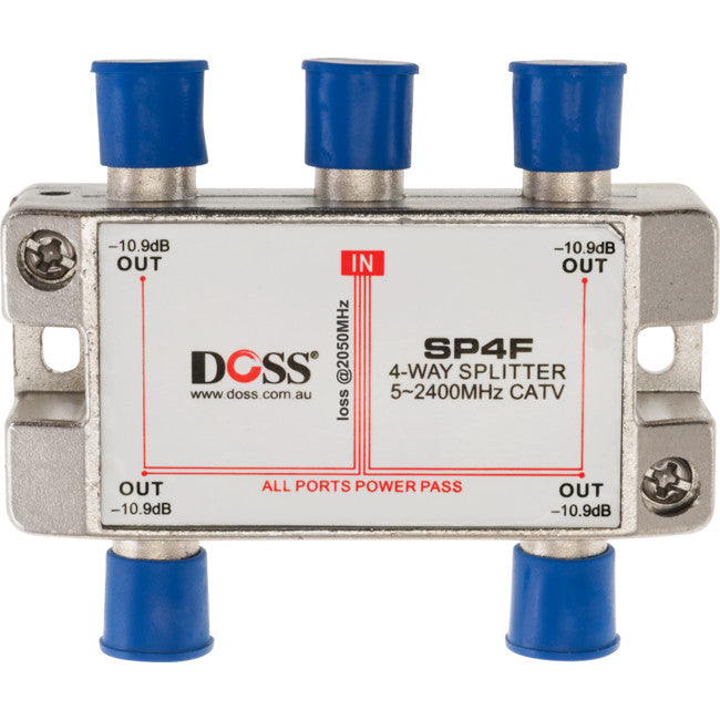 SP4F - 4 WAY 'F' SPLITTER OR COMBINER - DC PASS THROUGH 2.4GHZ DOSS - DOSS
