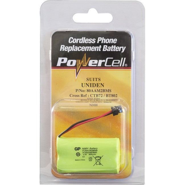 CTB72 2.4V NIMH 800MAH BATTERY SUITS UNIDEN CORDLESS PHONE POWERCELL 80AAM2BMS