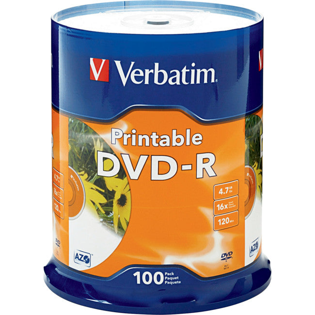 VDVD-R100P 100PK DVD-R PRINTABLE SPINDLE 16X 4.7GB VERBATIM VERBATIM 95153