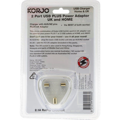 USB2X2UK 2 PORT USB AND POWER ADAPTOR UNITED KINGDOM & AUSTRALIA KORJO USB2X2UK