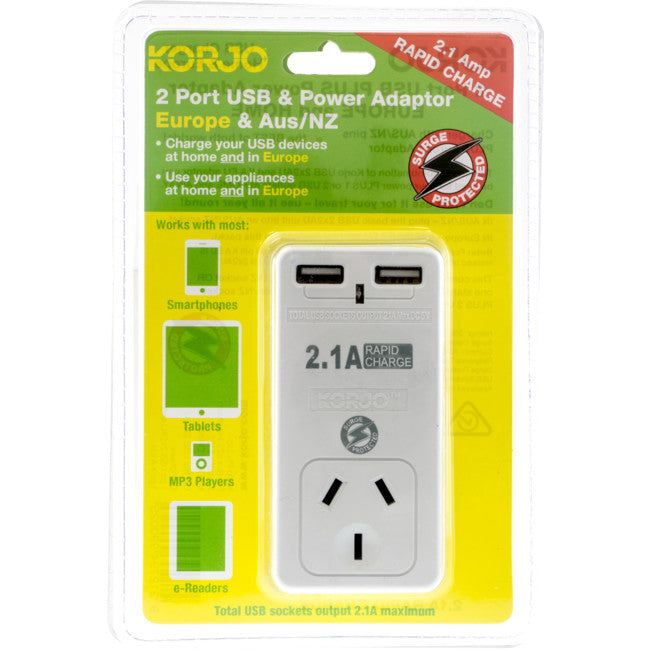 USB2X2EU 2 PORT USB AND POWER ADAPTOR EUROPE & AUSTRALIA KORJO USB2X2EU
