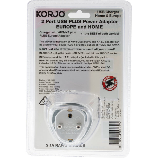 USB2X2EU 2 PORT USB AND POWER ADAPTOR EUROPE & AUSTRALIA KORJO USB2X2EU