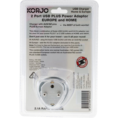 USB2X2EU 2 PORT USB AND POWER ADAPTOR EUROPE & AUSTRALIA KORJO USB2X2EU