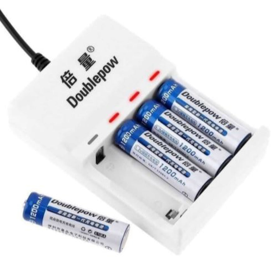 USB Rechargeable AA Batteries and Charger includes 4x 1200mAh Batteries and 4 Slot AA/AAA Power Adapter Charger