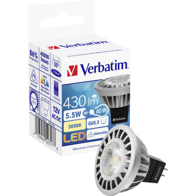 52317 MR16 GU5.3 DIMMABLE 5.5W 450LM 3000K WARM WHITE VERBATIM 52317