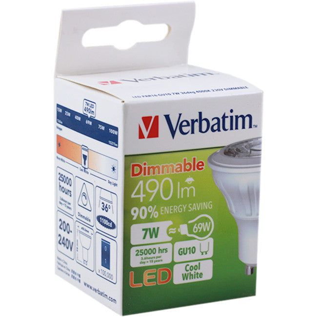 66376 ICOB GU10 DIMMABLE 7W 500LM 4000K COOL WHITE VERBATIM 66376