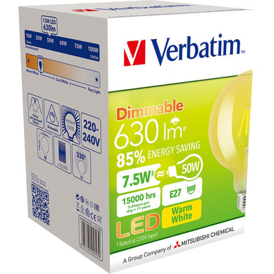 65623 E27 FILAMENT G125 DOME 7.5W DIM AMBER 2000K 630LM VERBATIM 65623