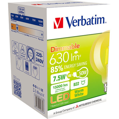 65636 B22 FILAMENT G125 DOME 7.5W DIM AMBER 2000K 630LM VERBATIM 65636
