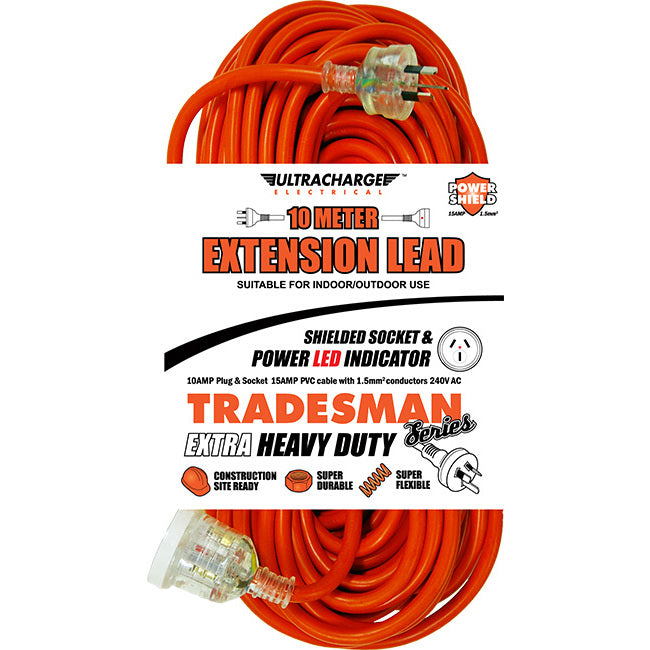UR24010T 10M HEAVY DUTY EXTENSION LEAD TRADESMAN- ORANGE& CLEAR PLUG ULTRACHARGE UR240/10T