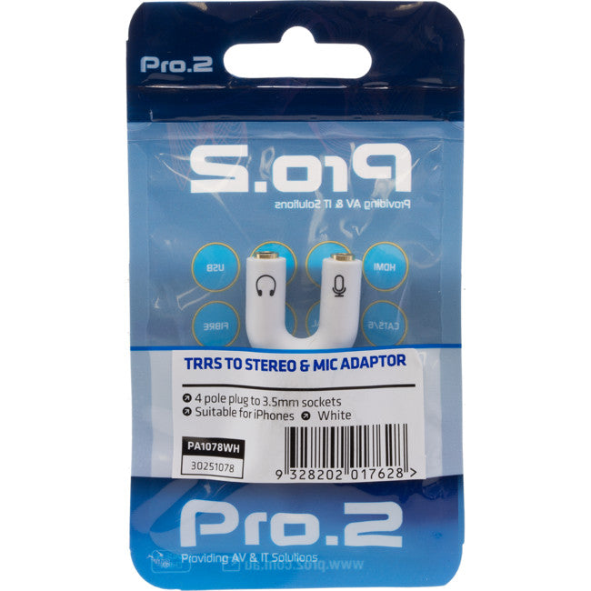 PA1078WH TRRS TO STEREO & MIC ADAPTOR 4POLE PLUG TO 3.5MM CTIA WHITE PRO2