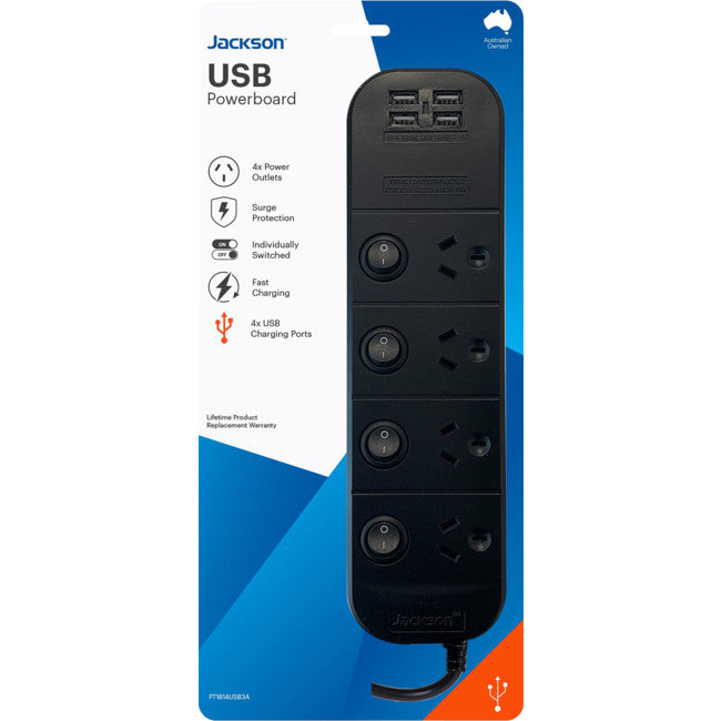 PT1814USB3A 4 OUTLET SWITCHED POWERBOARD WITH USB CHARGING JACKSON PT1814USB3A