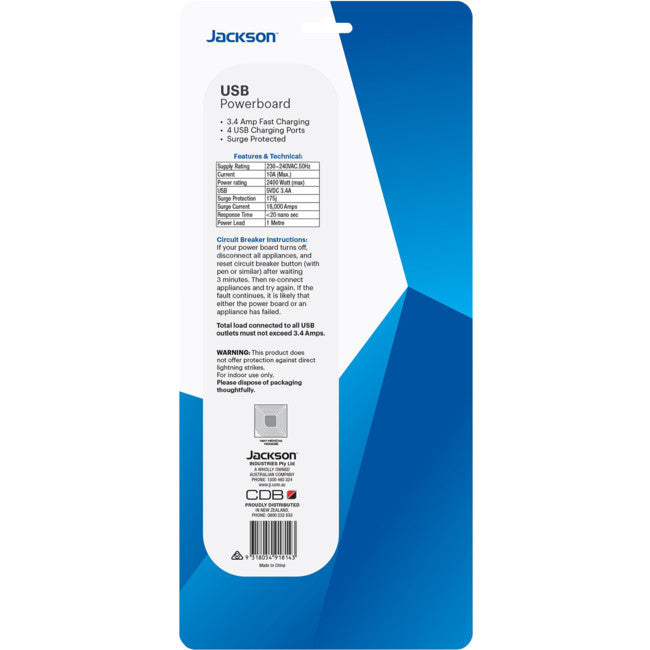 PT1814USB3A 4 OUTLET SWITCHED POWERBOARD WITH USB CHARGING JACKSON PT1814USB3A