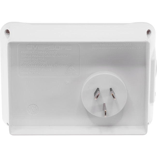 CWPUSB2 CLIP OVER WALL PLATE WITH USB DOUBLE GPO NIGHT LIGHT AC EVERSURE 33531029