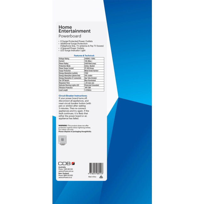 PT8012 8WAY SURGEPROTECTED POWERBOARD WITH EMI & RFI PROTECTION JACKSON PT8012