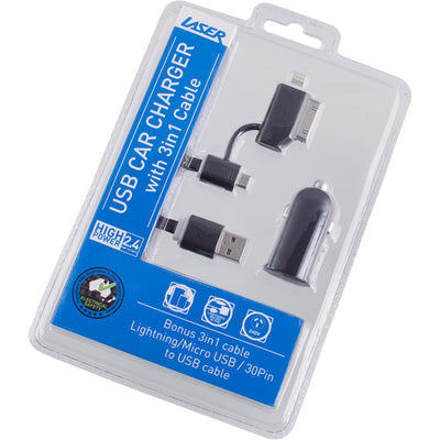 PWUSB24F 2.4A USB CHARGER KIT 3 IN 1 CHARGING CABLE LASER PW-USB24F-BLK