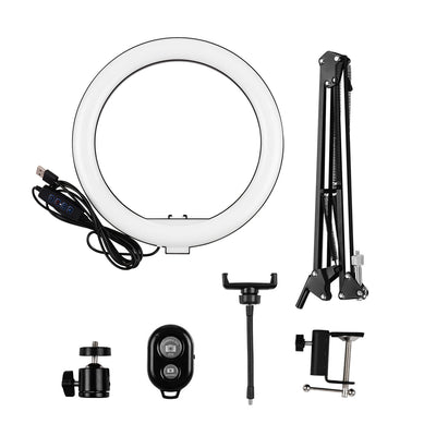 10" LED Ring Light + 1m Scissors Desk Boom Arm Stand + Phone Mount + Bluetooth Remote