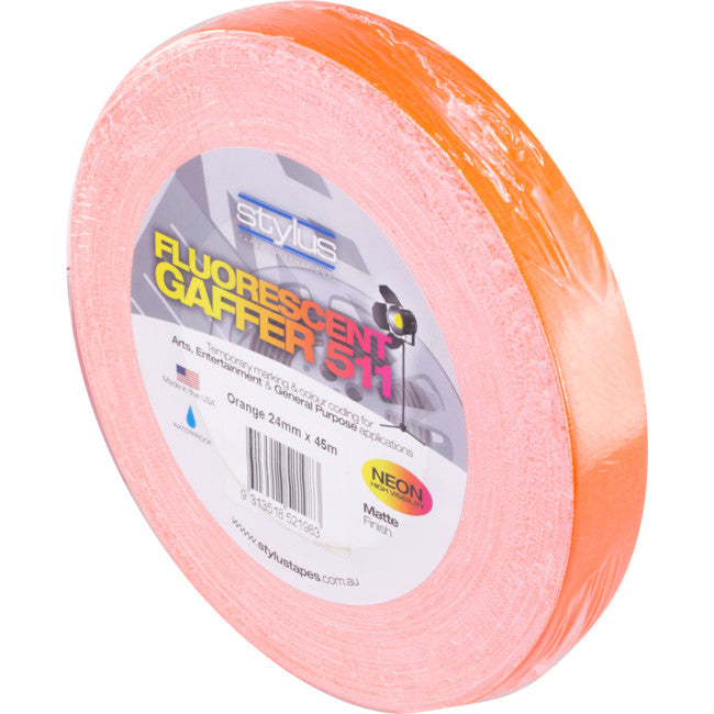 NCT24O ORANGE 24MM X 45MT NEON CLOTH TAPE FLUORO GAFFER STYLUS 511 (3301)
