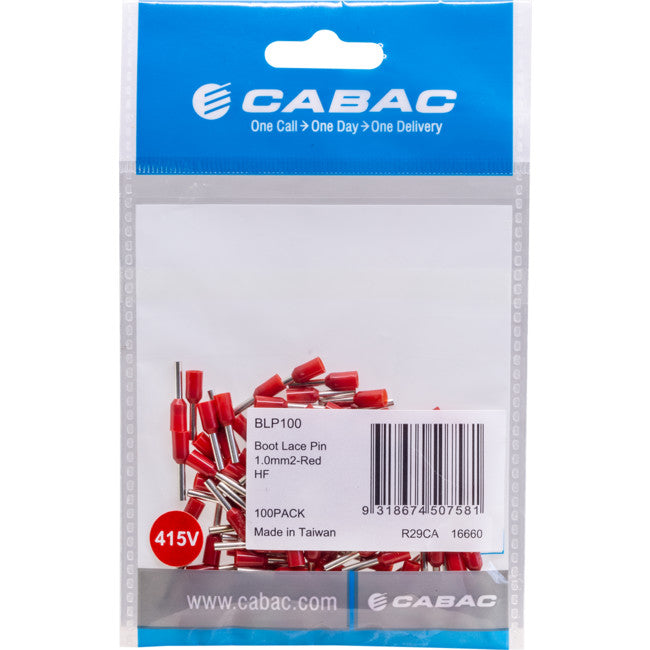 BLP100-100 BOOT LACE PIN RED 100PK WIRE SIZE 1MM SQUARED BLP100-100