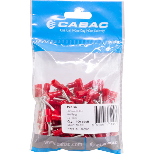 PC1.25-100 PIN CONNECTORS RED 100PK WIRE RANGE 0.5 - 1.6MM SQUARED PC1.25-100