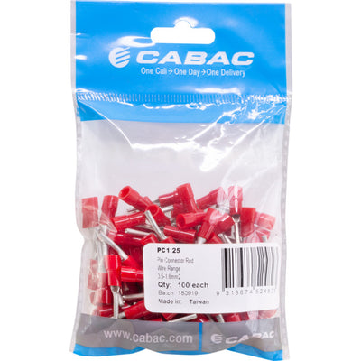 PC1.25-100 PIN CONNECTORS RED 100PK WIRE RANGE 0.5 - 1.6MM SQUARED PC1.25-100