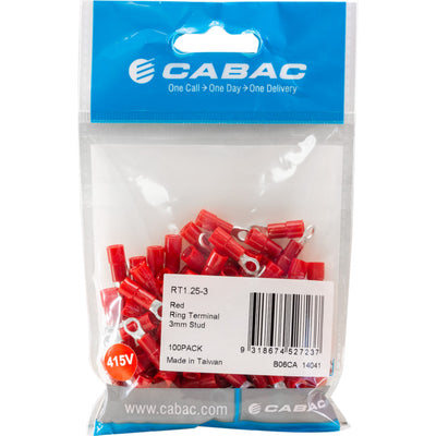 RT1.25-3-100 RING TERMINALS RED 3MM STUD 100PK WIRE RANGE .5-1MM SQUARE RT1.25-3-100