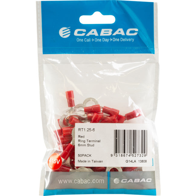 RT1.25-6-50 RING TERMINALS RED 6MM STUD 50PK WIRE RANGE .5-1MM SQUARE RT1.25-6-50