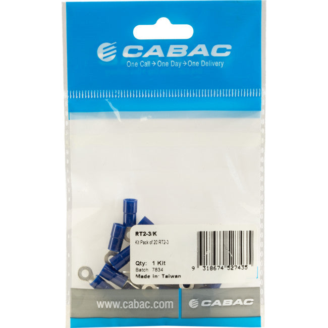 RT2-3K-20 RING TERMINALS BLUE 3MM STUD 20PK WIRE RANGE 1-2.5MM SQUARE RT2-3/K-20
