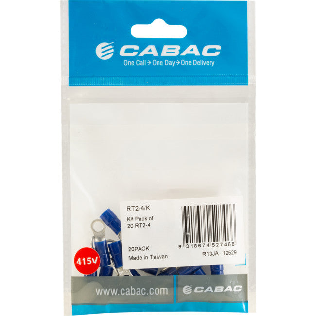 RT2-4K-20 RING TERMINALS BLUE 4MM STUD 20PK WIRE RANGE 1-2.5MM SQUARE RT2-4/K-20