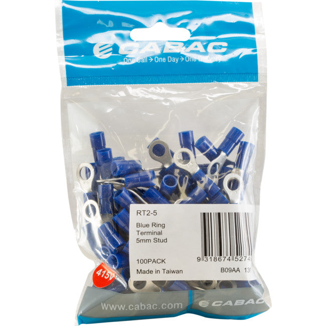 RT2-5-100 RING TERMINALS BLUE 5MM STUD 100PK WIRE RANGE 1-2.5MM SQUAR RT2-5-100
