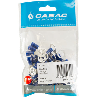 RT2-8-50 RING TERMINALS BLUE 8MM STUD 50PK WIRE RANGE 1-2.5MM SQUARE RT2-8-50