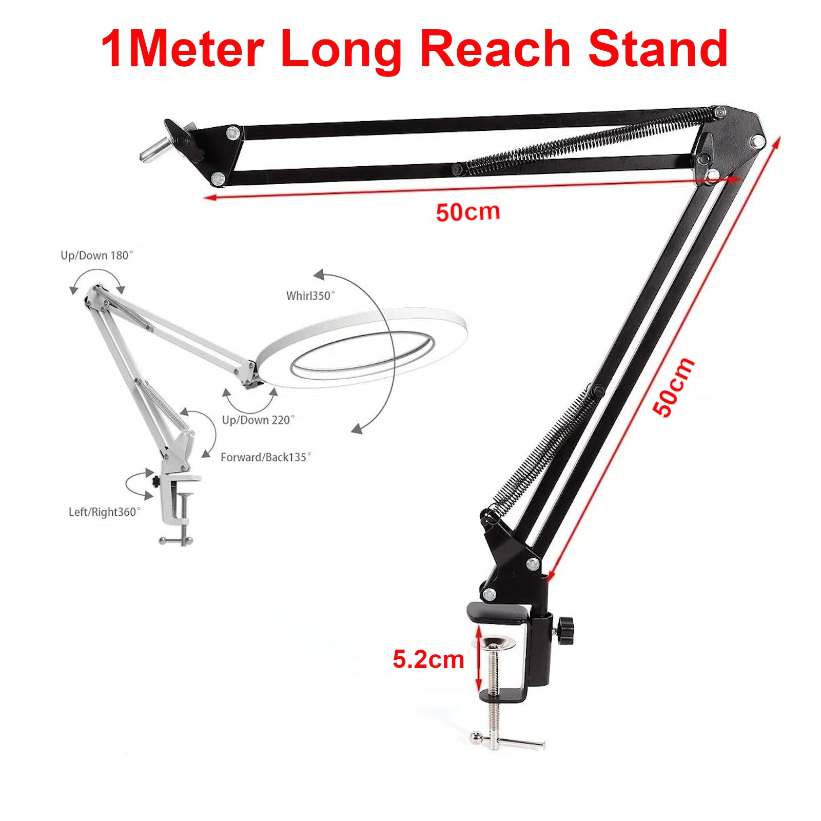 10" LED Ring Light + 1m Scissors Desk Boom Arm Stand + Phone Mount + Bluetooth Remote