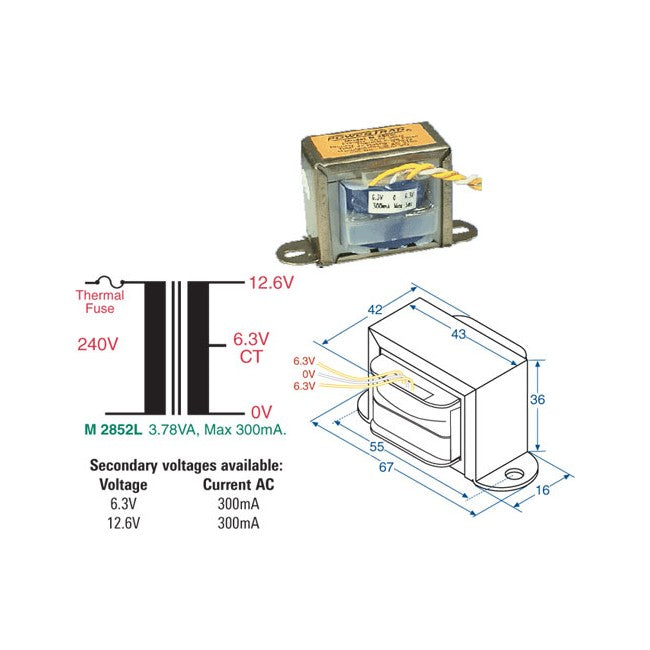 M2852L 12.6V 300MA MAINS TRANSFORMER 3.78VA CT - CENTRE TAPPED M2852L