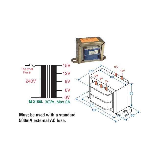 M2156L 6.3V- 15V 2A MAINS TRANSFORMER 30VA MULTIPLE TAPPED VOLTAGES M2156L