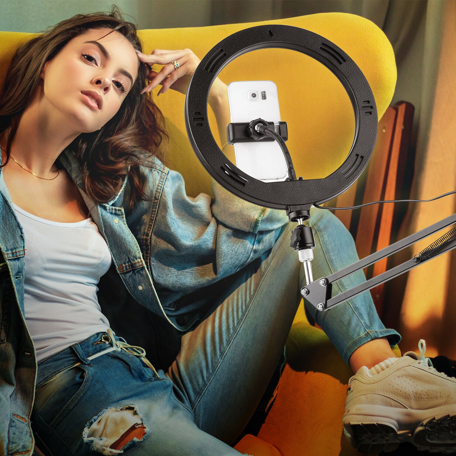 10" LED Ring Light + 1m Scissors Desk Boom Arm Stand + Phone Mount + Bluetooth Remote