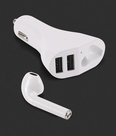 Bluetooth Earbud Headset with Dual Port USB Car Charger 3.1A V5.0 Handsfree Car Kit