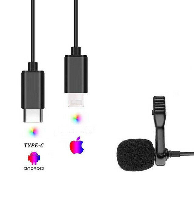 Microphone Lapel Lavalier to Lightning or Type-C USB Suits Apple iPhone Samsung or Android