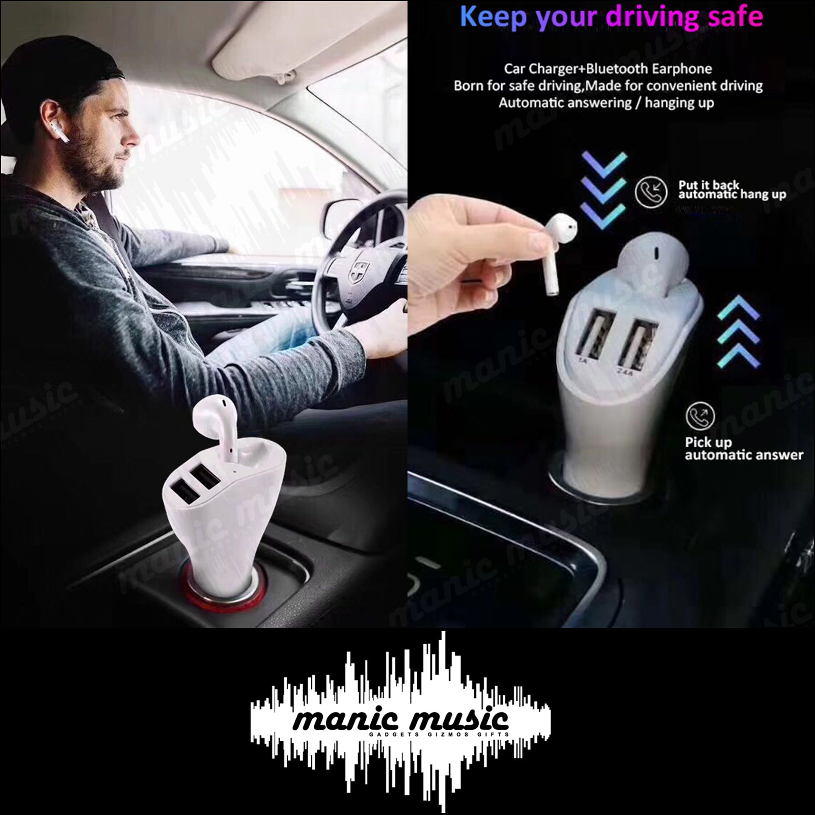 Bluetooth Earbud Headset with Dual Port USB Car Charger 3.1A V5.0 Handsfree Car Kit