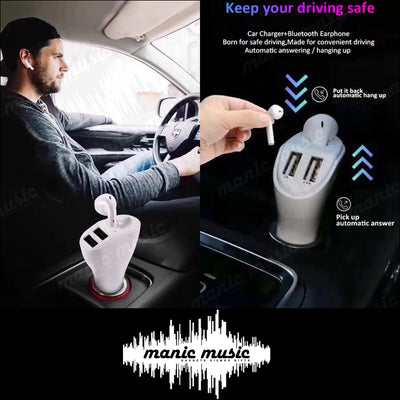Bluetooth Earbud Headset with Dual Port USB Car Charger 3.1A V5.0 Handsfree Car Kit