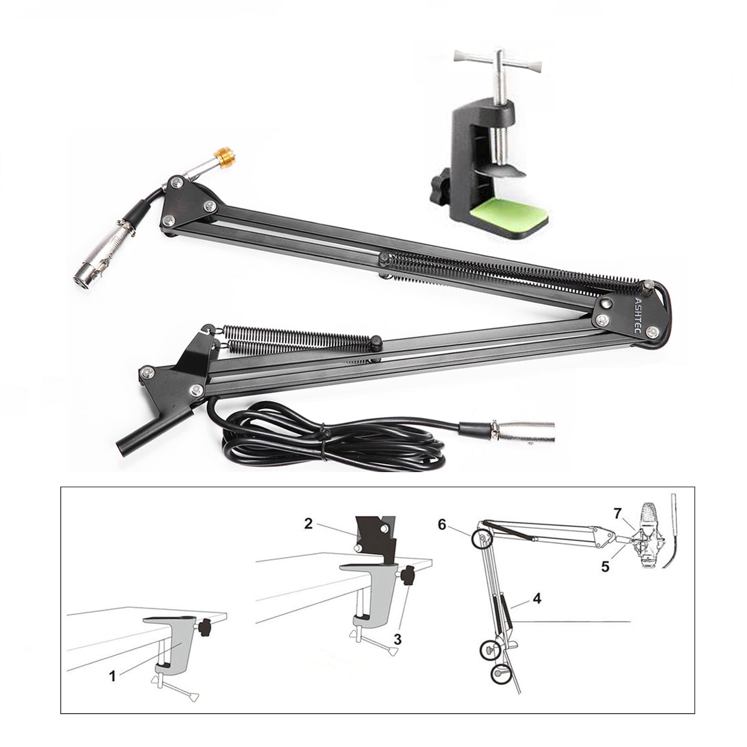 ASHTEC Table Studio Condenser Microphone Stand with inline Mic 3M XLR Cable lead