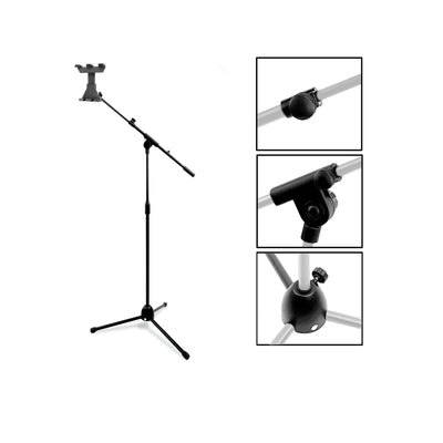 2 in 1 Tablet Tripod Floor Stand with Telescopic Boom Arm and 360° Mount Holder Clamp