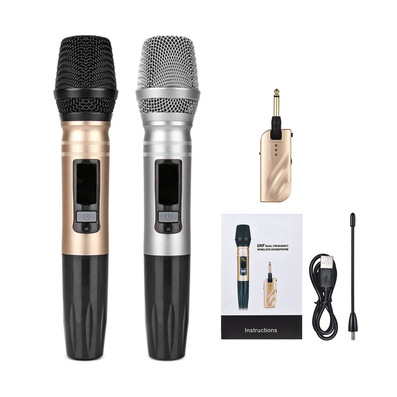 Pair UHF Cordless Wireless Microphones Variable Frequency LCD Upgradeable Karaoki DJ