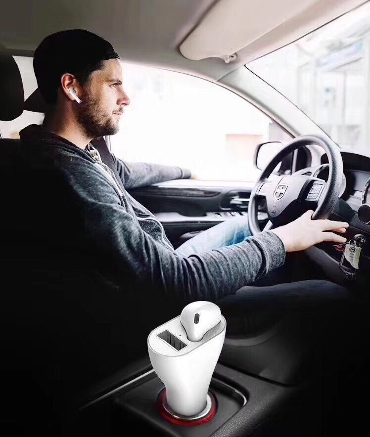 Bluetooth Earbud Headset with Dual Port USB Car Charger 3.1A V5.0 Handsfree Car Kit
