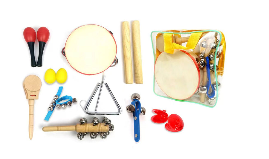 10 piece Percussion Set Kids Educational Drum Bells Maracas Tambourine Guiros More