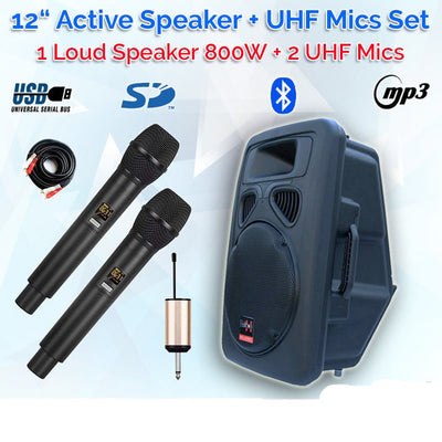12" Inch Bluetooth PA Speaker 800w Active Digital Sound System + 2 Tuneable UHF Wireless Microphones 40 Channels