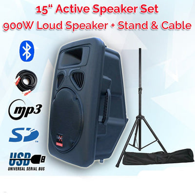 15" Inch Powerful 900w PA Bluetooth Active Speaker Set Digital Sound System + Speaker Stand + RCA Cable
