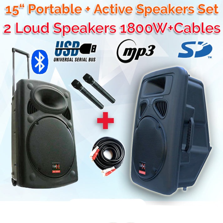 2x15" Inch 1800w Bluetooth Portable Active Speaker Set Sound System + 2 Microphones + Stands