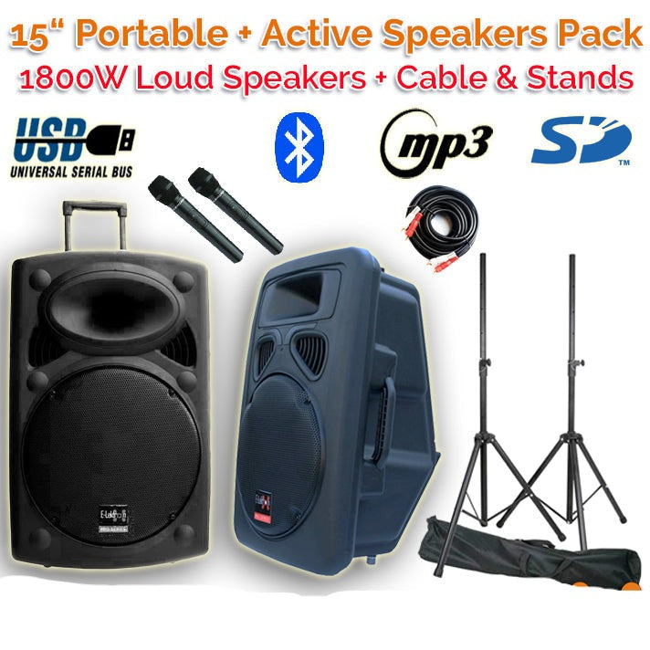 2x15" Inch 1800w Bluetooth Portable Active Speaker Set Sound System + 2 Microphones + Stands